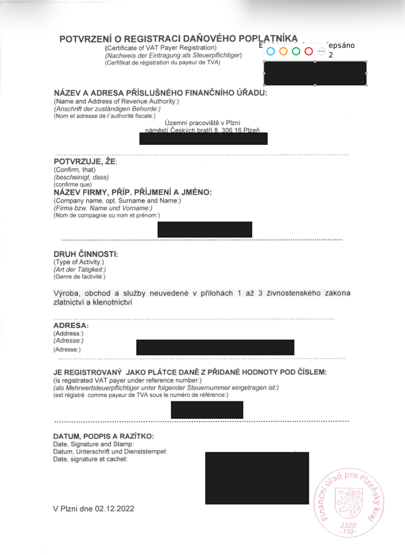CZ first choice VAT document