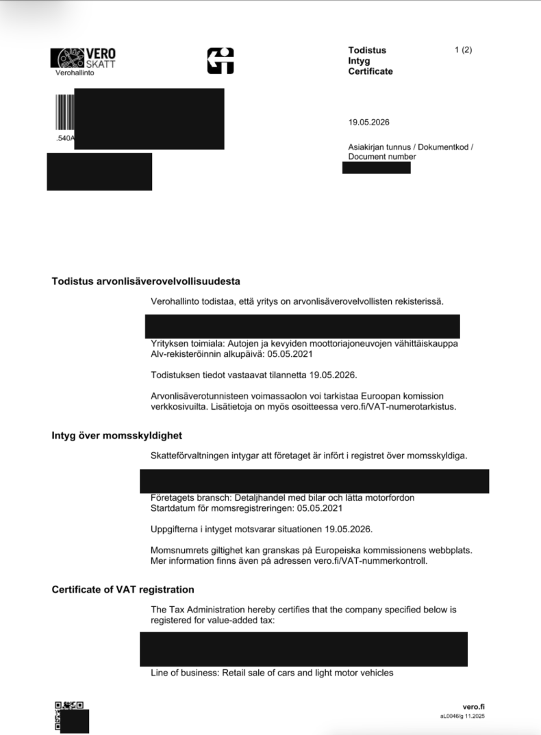 First choice FI VAT document