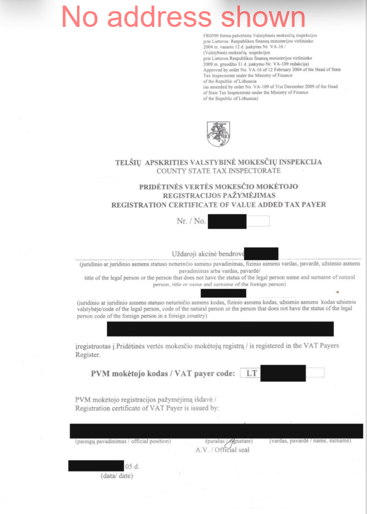 LT first choice VAT document