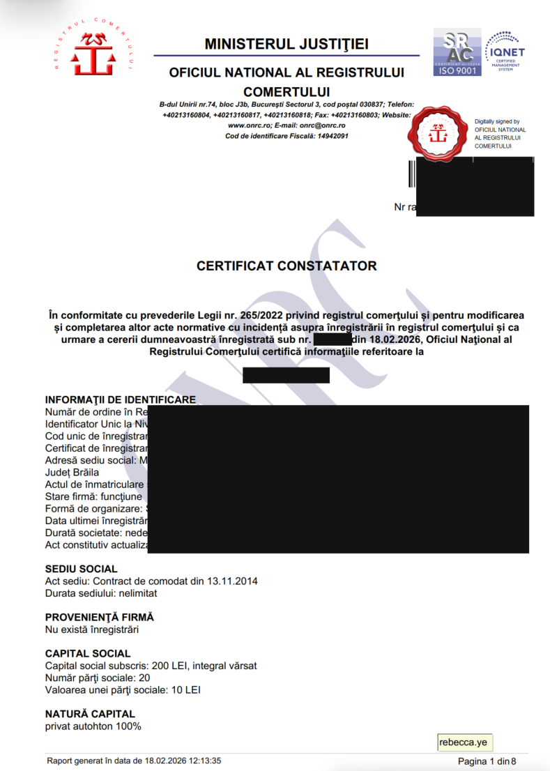 RO first choice business registration short version